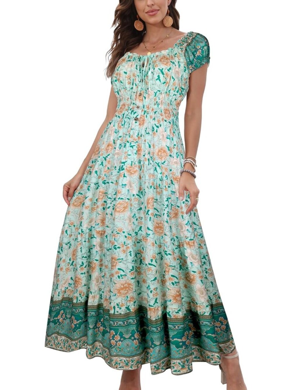 Women's Green Boho Floral Flowy Print Tiered Short Sleeves Summer Maxi Dress